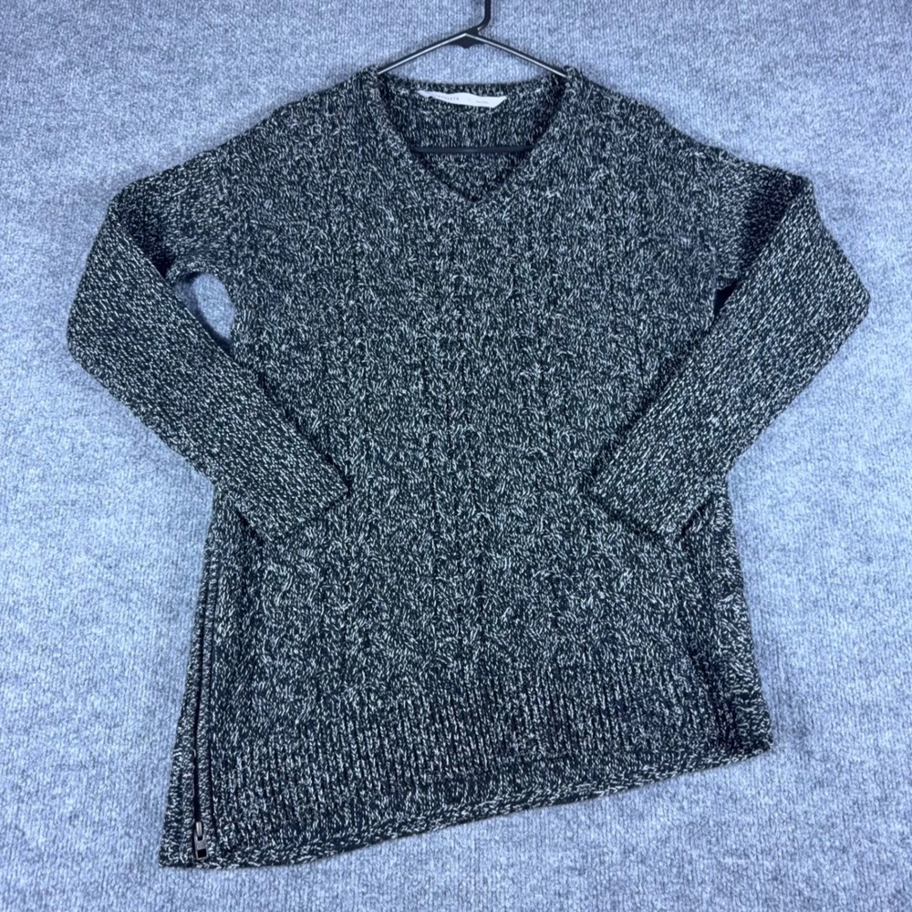 Athleta‎ Womens Small Black White Marled V-Neck Side Zip Asymmetric Hem Sweater